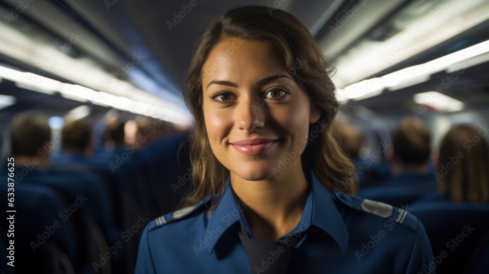 Close-up shot of a female flight attendant standing in the aisle in the airplane cabin. Close-up shot of a female flight attendant standing in the aisle in the airplane cabin.