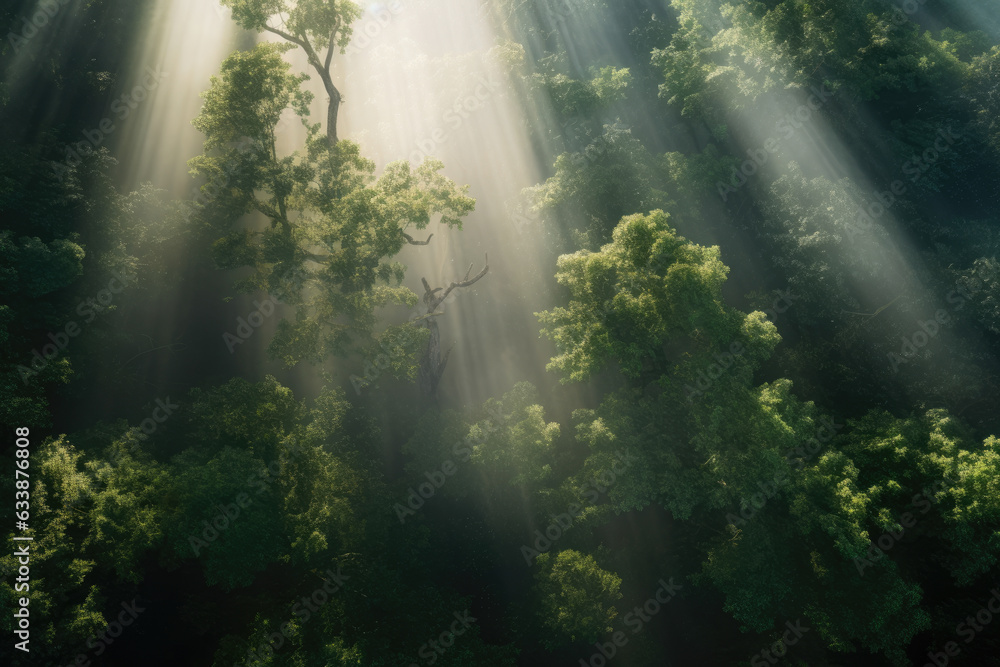 Majestic Aerial View of an Enchanted Forest with Sunbeams Piercing Through the Canopy Majestic Aerial View of an Enchanted Forest with Sunbeams Piercing Through the Canopy