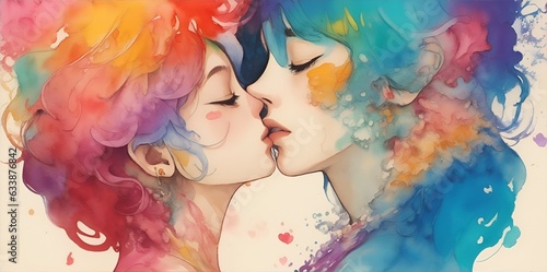 Arte abstrata em aquarela da Mistura intensa do amor entre pessoas do mesmo sexo. Pintura colorida 
digital do descobrimento da sua sexualidade e do amor entre genero. Representação do amor colorido  photo