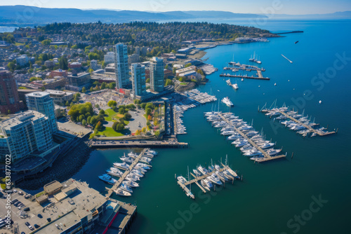 Serene Aerial Perspective of a Bustling Urban Harbor Vibrant with Boats and the Eclectic Energy of Waterfront Life © aicandy