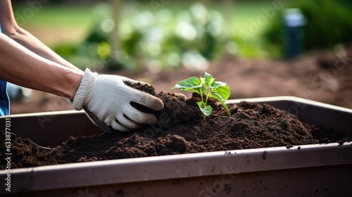 Gardener's hand spreading compost. Generative AI