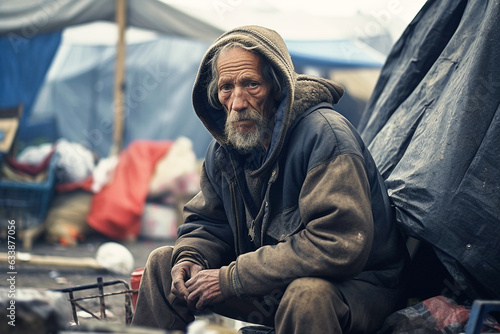 In the makeshift tent city, a weathered, homeless old man ekes out survival, surrounded by the harsh realities of life on the streets. (AR 3:2) © Sherry McAfoos