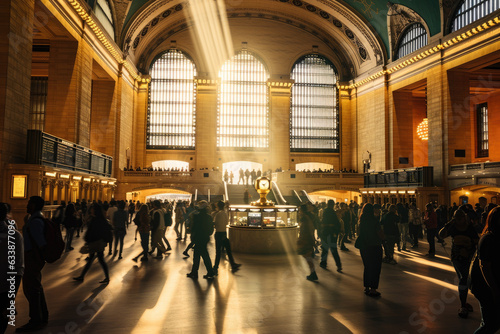 Busy Morning Buzz at Grand Central Terminal, with People Rushing, Trains Departing, and Sunlight Pouring Through the Skylights