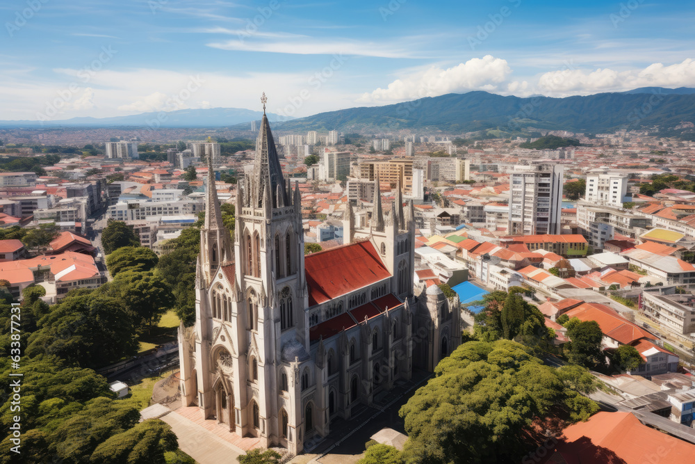 Aerial Perspective of Majestic Cathedral in the Vibrant & Bustling City Center