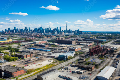 Vibrant Cityscape of the Expansive Industrial Area as Seen from Above, Showcasing Skyscrapers, Warehouses, and Busy Streets