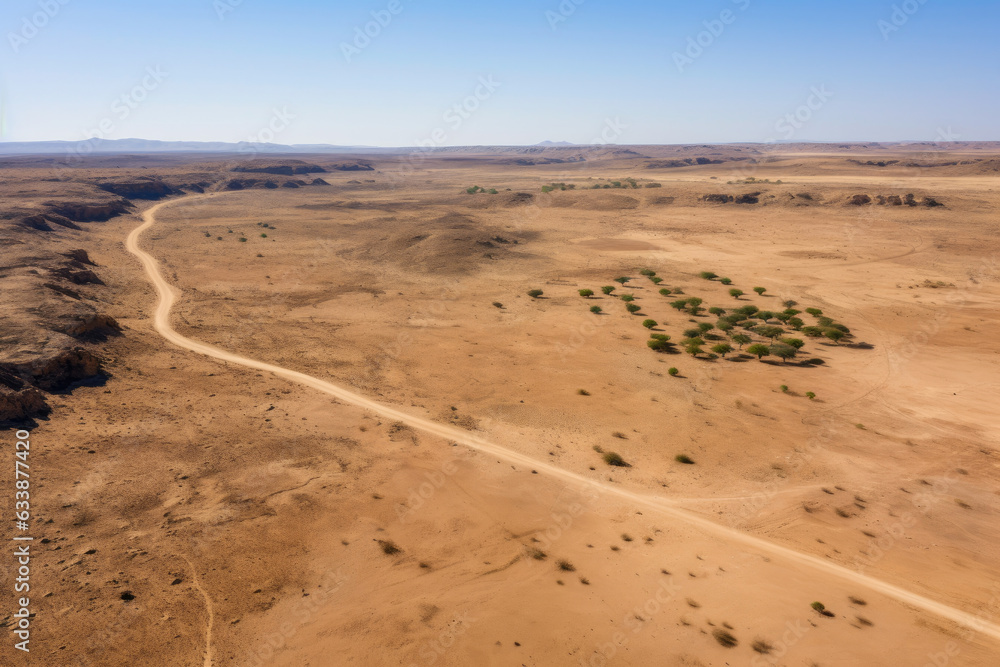Aerial View of a Majestic Desert Landscape with Vibrant Flora and Fauna thriving under a Clear Blue Sky