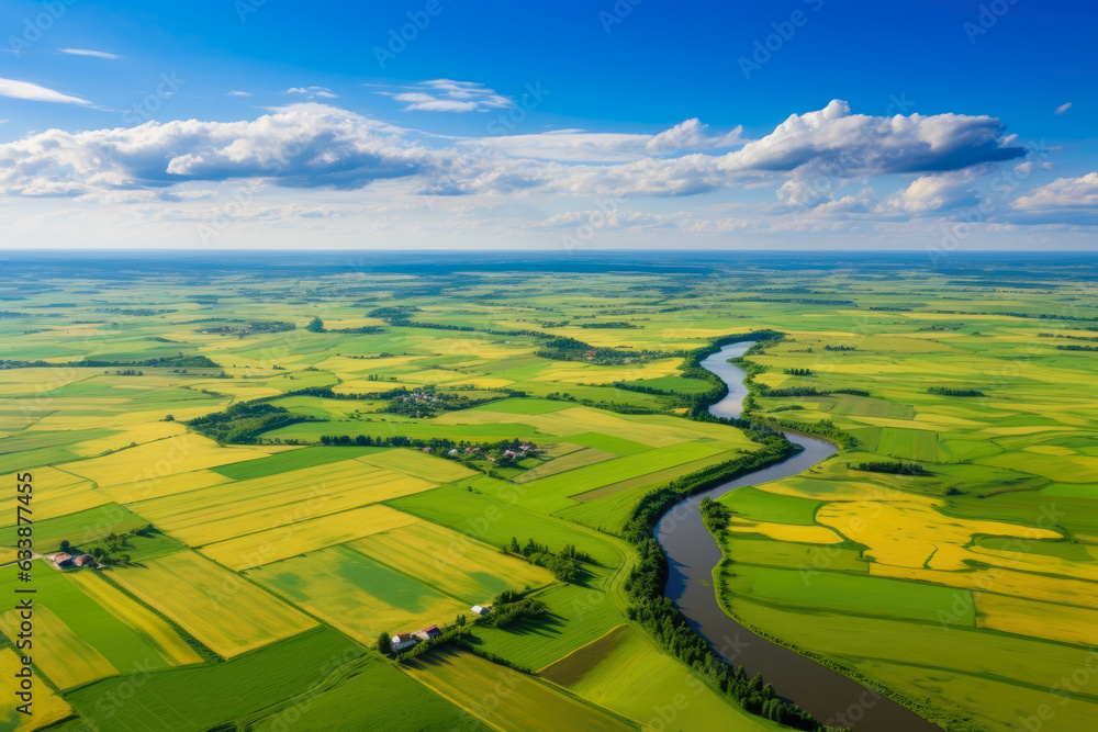 A Majestic Aerial Perspective of Vibrant Farmland Bursting with Lush Crops and Serene Country Charm