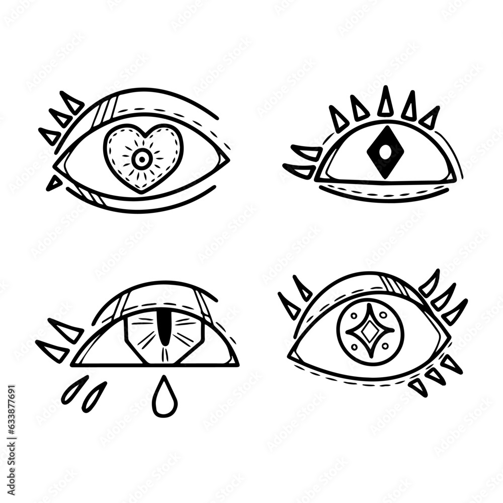 Set of doodle eyes. Mystic eyes collection. Hand drawn cartoon. Vector illustration isolated on white background. Set of doodle eyes. Mystic eyes collection. Hand drawn cartoon. Vector illustration isolated on white background.