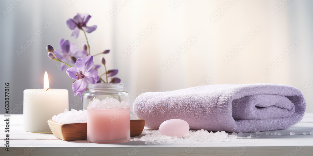 Beauty treatment items for spa procedures on white wooden table. Massage stones, essential oils and sea salt, white lighting, wallpaper for website banner.