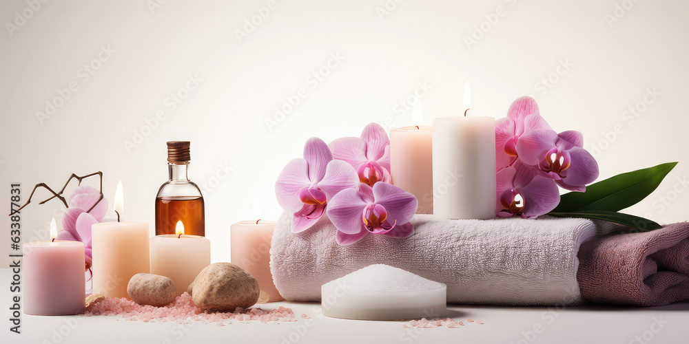 Beauty treatment items for spa procedures on white wooden table. Massage stones, essential oils and sea salt, white lighting, wallpaper for website banner. Beauty treatment items for spa procedures on white wooden table. Massage stones, essential oils and sea salt, white lighting, wallpaper for website banner.