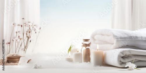Beauty treatment items for spa procedures on white wooden table. Massage stones, essential oils and sea salt, white lighting, wallpaper for website banner.
