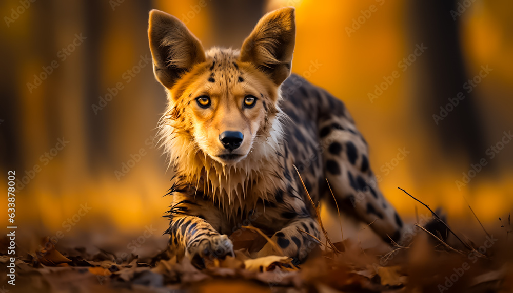 Portrait of a hybrid mix of wild cat like leopard an wild dogs  - obrazy, fototapety, plakaty 