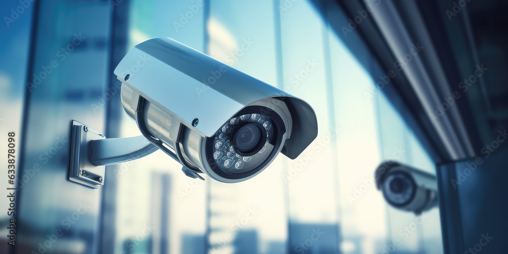 Outdoor CCTV security camera on a blurred building backdrop. Security camera, protection and safety of shopping malls. Outdoor CCTV security camera on a blurred building backdrop. Security camera, protection and safety of shopping malls.