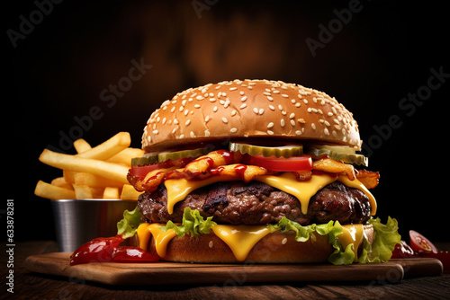 Mouth-watering photo of juicy burger and fries