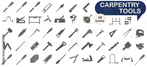 Tool for carpentry workshop. Collection of dark full icons of carpentry tools. Vector illustration.