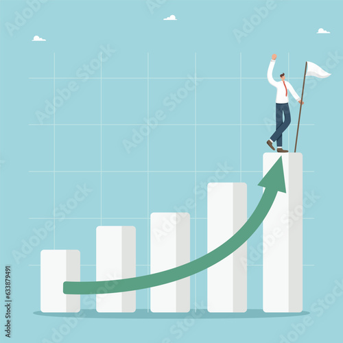 Achieving high results and success in work and business, hard work for career growth and salary increase, new opportunities and development prospects, man with a flag stands on top column of the graph