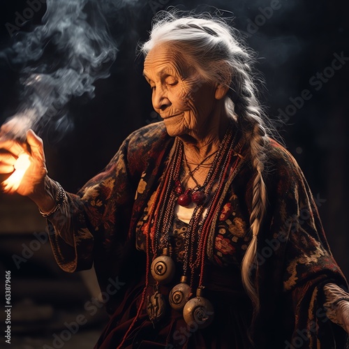 Old shamanic woman with fire photo