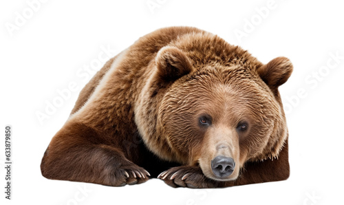 Brown bear (Ursus arctos) isolated on transparent background, png. One lonely brown bear, laying down Lonely bear looking sad.
