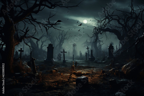 Eerie Halloween atmosphere in a spooky cemetery with haunting gravestones and ghostly trees
