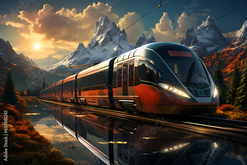 modern high-speed train, passenger travel concept, cargo delivery, moving between countries on the tycoon's railroad. modern and future logistics technologies