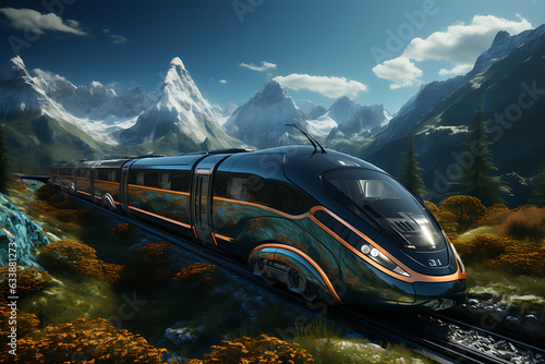 modern high-speed train, passenger travel concept, cargo delivery, moving between countries on the tycoon's railroad. modern and future logistics technologies