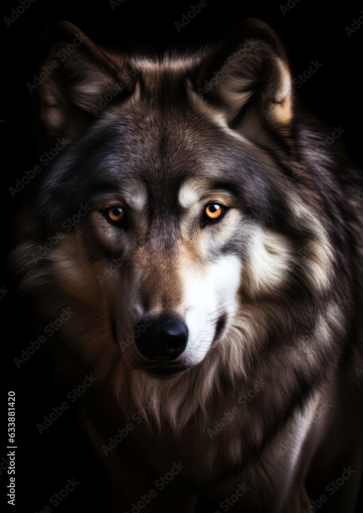 Animal face portrait of a wild wolf in a dark backdrop conceptual for frame
