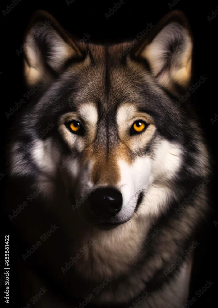 Animal face portrait of a wolf in a black backdrop conceptual for frame