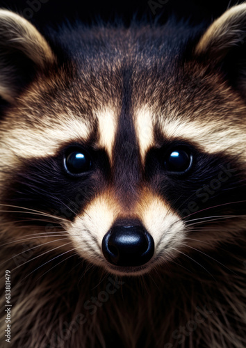Animal portrait of a wild raccoon on a black background conceptual for frame