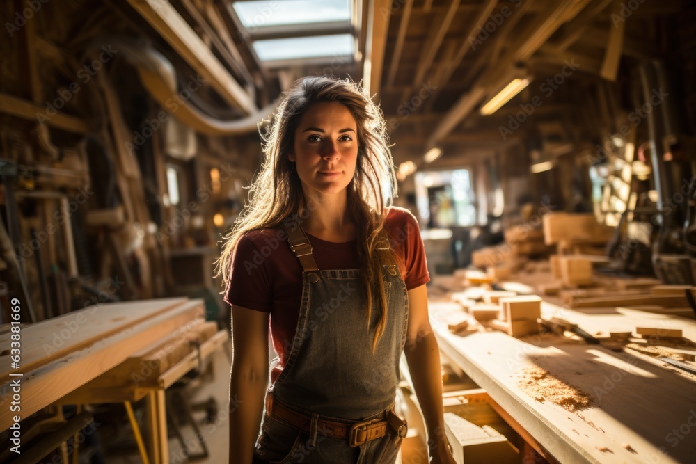 woman in a wood shop wide-angle lens