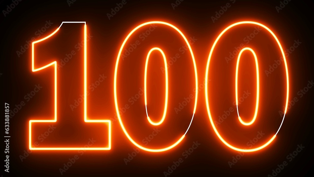 100 Electric orange lighting text with rendering on black background. 100 Number. One hundred thousand. - obrazy, fototapety, plakaty 