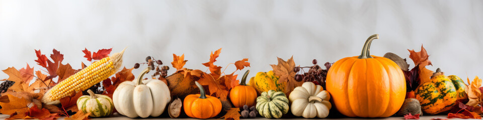 Fall border or banner with pumpkins, fall leaves and corn, generative AI