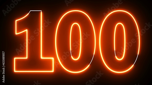 100 Electric orange lighting text with rendering on black background. 100 Number. One hundred thousand. photo