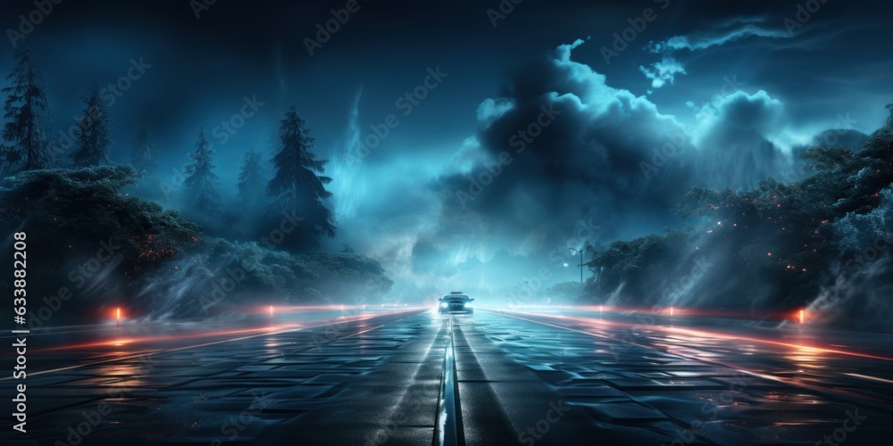 3d render of the empty scene, blue neon torch, wet asphalt, smoke, night view, rays in the dark studio room, blank background, abstract, empty studio surface. 3d render of the empty scene, blue neon torch, wet asphalt, smoke, night view, rays in the dark studio room, blank background, abstract, empty studio surface.