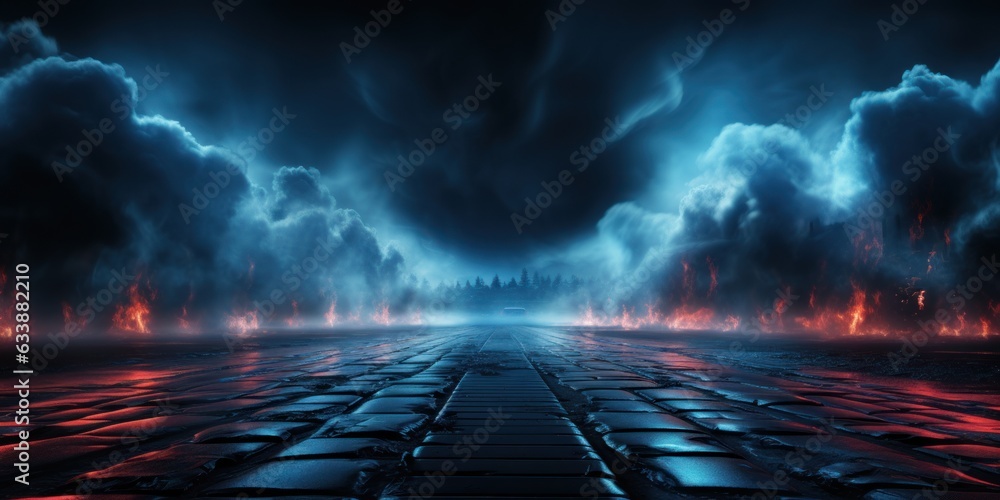 3d render of the empty scene, blue neon torch, wet asphalt, smoke, night view, rays in the dark studio room, blank background, abstract, empty studio surface.