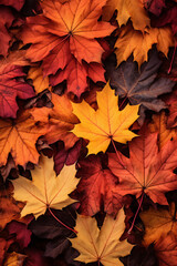 Fall leaves background with orange colorful leaves filling ebtire frame, generative AI