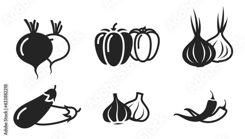 vegetable icon set. garlic, hot pepper, beetroot, bell pepper, eggplant and onion. harvest and agriculture symbols