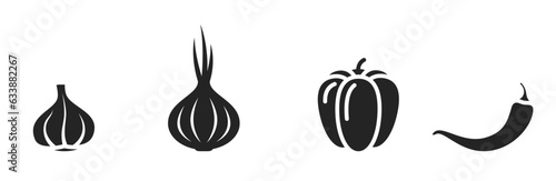 Fototapeta Naklejka Na Ścianę i Meble -  vegetable icons. garlic, hot chili pepper, bell pepper and onion. spices, seasonings and organic food symbols