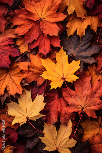 Fall leaves background with orange colorful leaves filling ebtire frame, generative AI