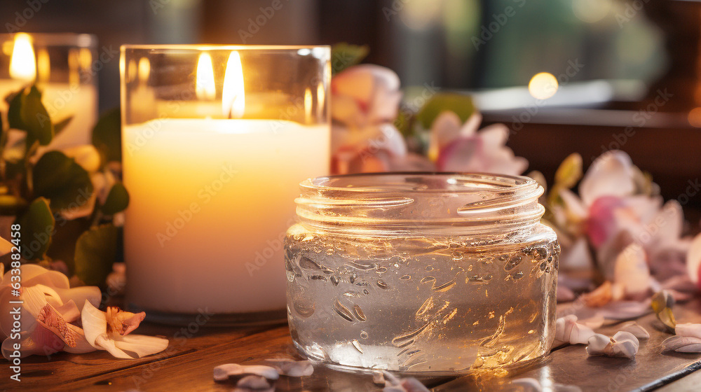 Aromatherapy candle burning in tranquil spa treatment room background