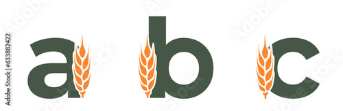 a b c lowercase letters with wheat ear. harvest alphabet design. cereal farming, agriculture and grain crops image