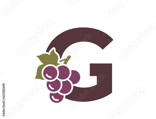 letter g with grapes. creative fruit and organic food alphabet logo. gardening, winemaking and harvest design