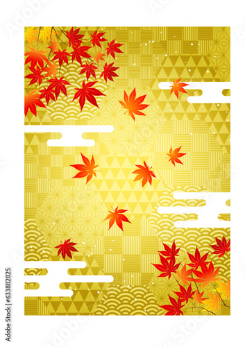 ハニカム和柄に紅葉あしらいタテ・金