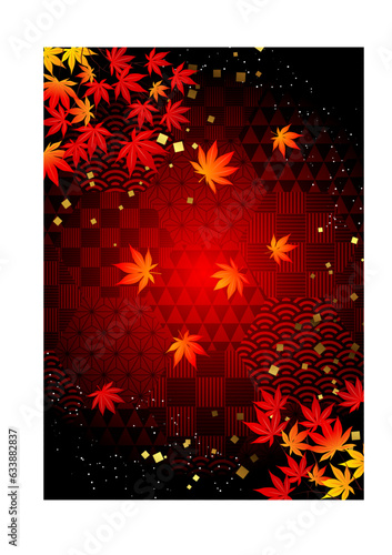 ハニカム和柄に紅葉あしらいタテ・赤