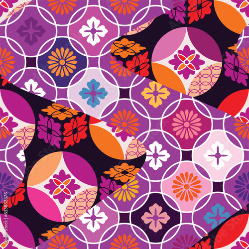 Traditional Japanese Seamless Pattern Background Fabric Patchwork with Waves, Sakura flowers, Chrysanthemum, Japan Style Icon Set Vector art vintage illustration for covers, packages, clothing, kimono