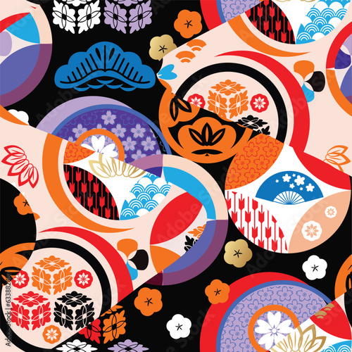 Traditional Japanese Seamless Pattern Background Fabric Patchwork with Waves, Sakura flowers, Chrysanthemum, Japan Style Icon Set Vector art vintage illustration for covers, packages, clothing, kimono