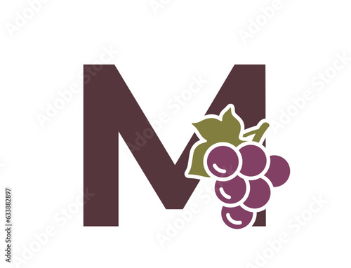 letter m with grapes. fruit and organic food text logo. gardening, winemaking and harvest design