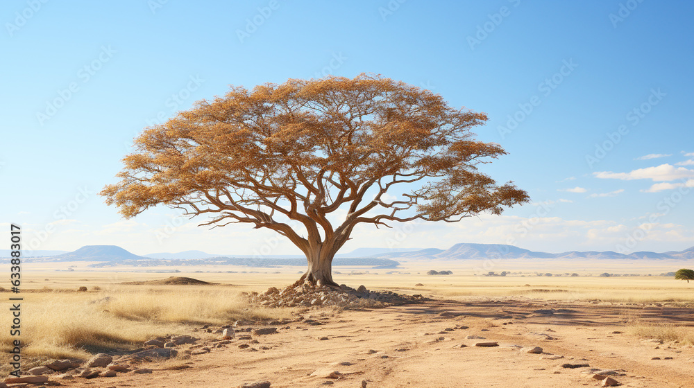 Beautiful shot of a tree in the savanna plains with the blue sky Beautiful shot of a tree in the savanna plains with the blue sky