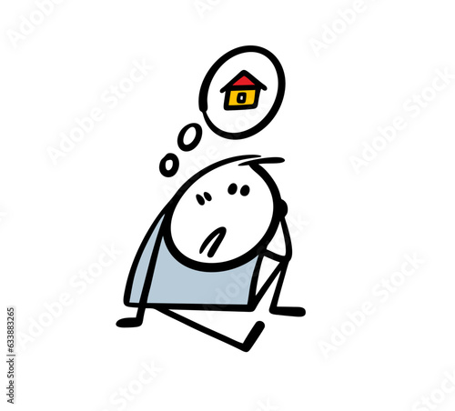 Cartoon unhappy homeless man sits on the ground and dreams of a home. Vector illustration of unemployed beggar stickman.