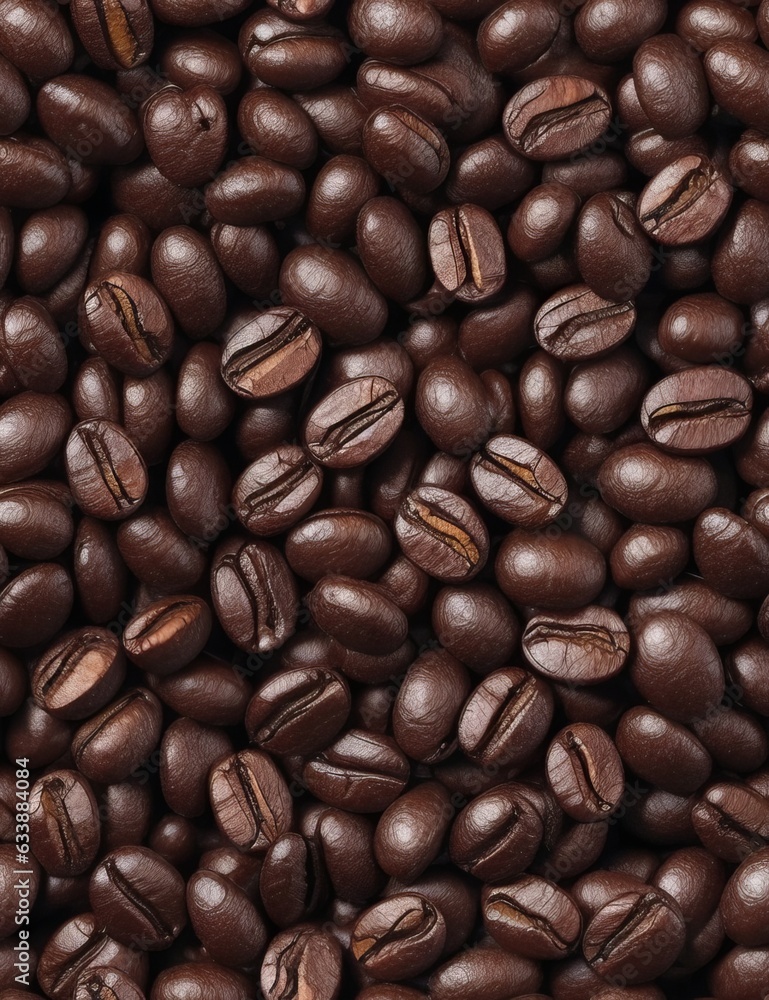 Fototapeta premium Pile of roasted coffee beans as background, top view
