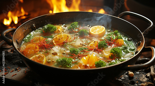 Boiling cauldron simmers hearty vegetable soup recipe